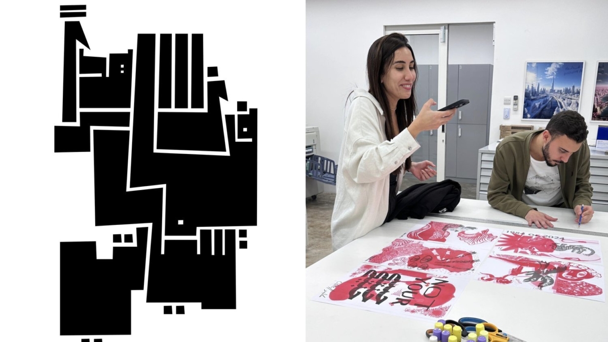 Black Arabic calligraphy composition and participants working on large calligraphy prints
