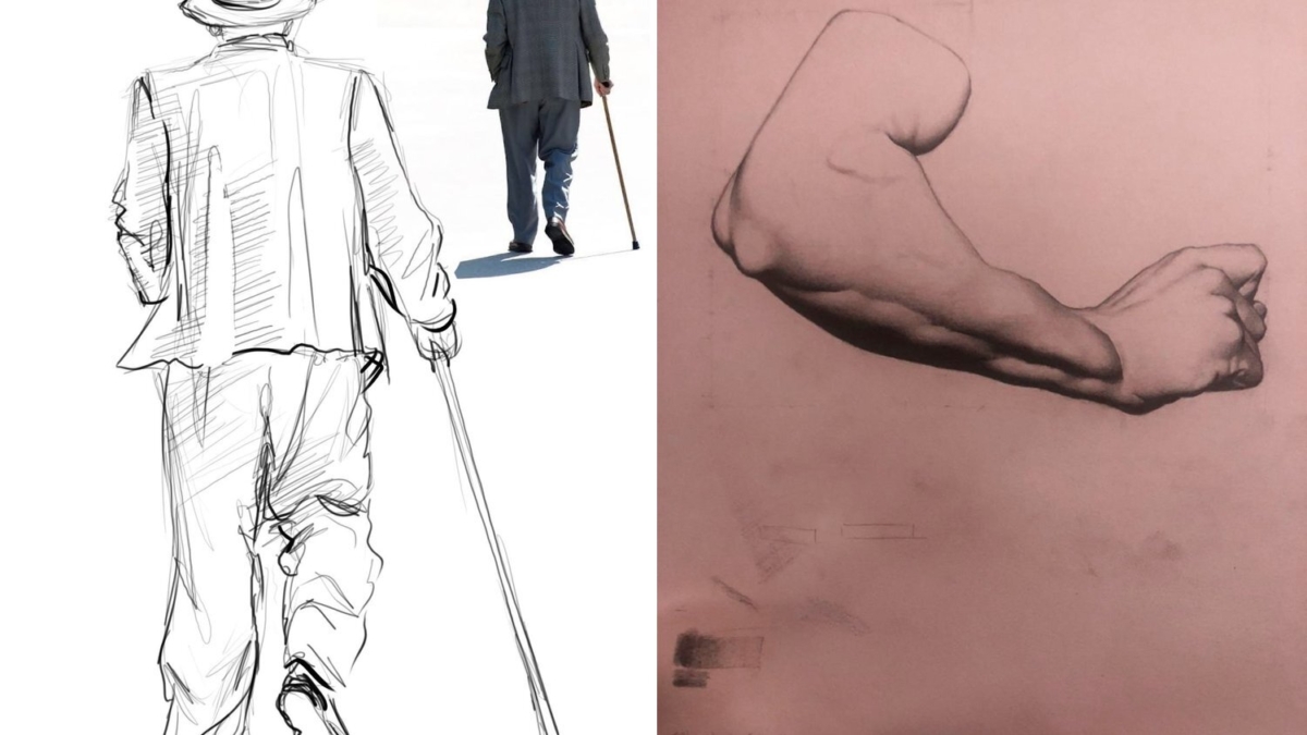 Pencil figure sketch of a man with a cane and an arm study – Intro to Figure Drawing