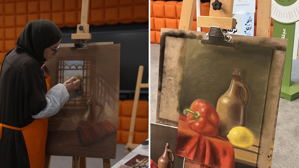 Participant drawing at an easel and finished pastel still life – Tashkeel