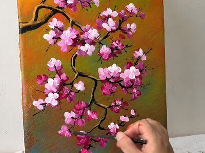 Acrylic painting of pink blossom branches on canvas – Acrylic Painting drop-in