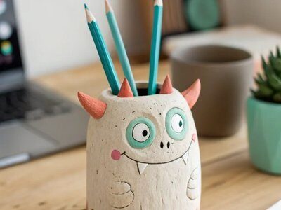 Handmade clay monster pencil holder – Clay Creations workshop for kids