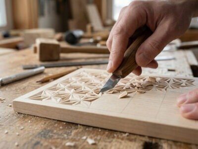 Hand carving a wooden panel with chisel – Carved in Heritage: Emirati Doors workshop
