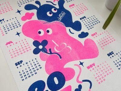 Pink and blue Risograph-printed 2027 calendar – A Year in Riso workshop