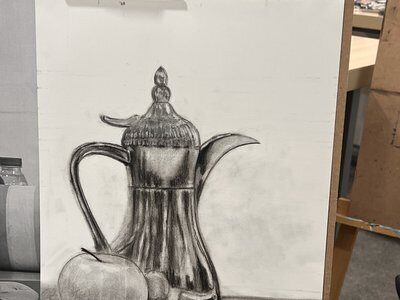 Charcoal still life drawing of a dallah and fruit – Still Life Drawing Charcoal